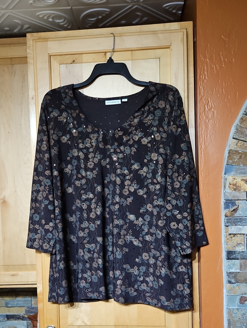 Susan Graver Brown Green Floral Print Sequins Liquid Knit 3/4 Sleeve Top